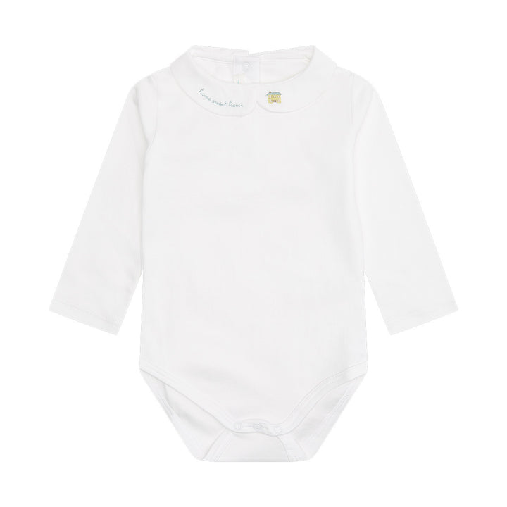 BYRD PETER PAN COLLAR ONESIE WITH HOME SWEET HOME EMBROIDERY