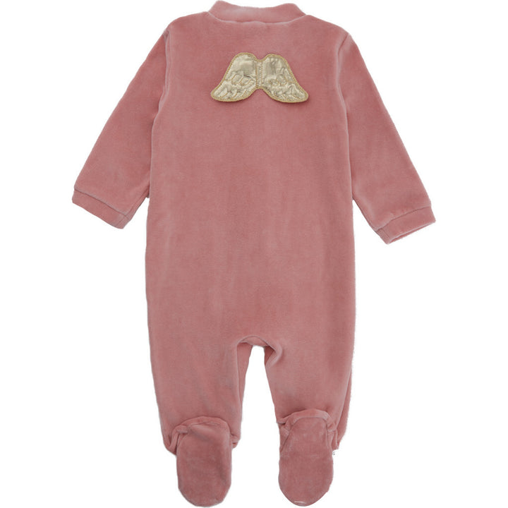 ANGEL WING GOLD VELOUR SLEEPSUIT IN DUSTY PINK